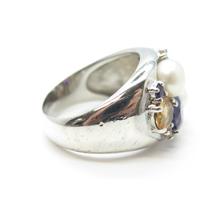 925 Sterling Silver Pearl Amethyst Topaz Citrine Peridot & Garnet Ring Size 7.25