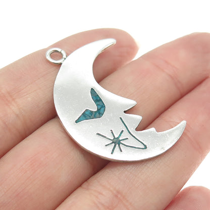 925 Sterling Silver Vintage Mexico Turquoise Inlay Crescent Moon Face Pendant