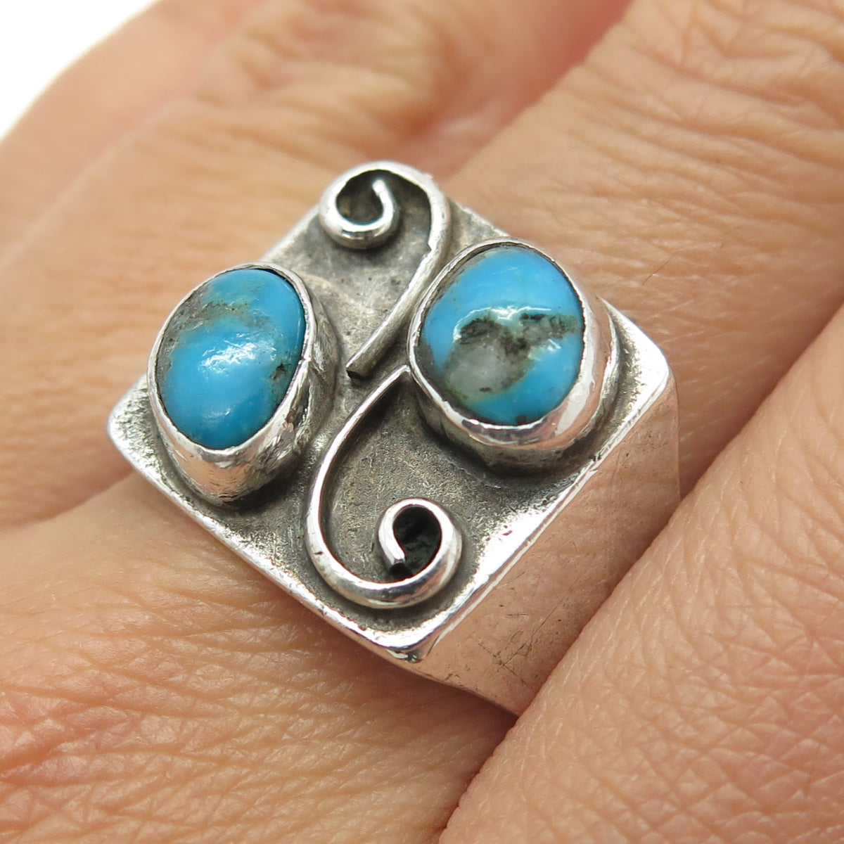 Old Pawn 925 Sterling Silver Vintage Bisbee Turquoise Swirl Ring Size 11.75