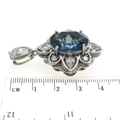 SAI 925 Sterling Silver Oval Round & Pear-Cut Blue White C Z Floral Pendant