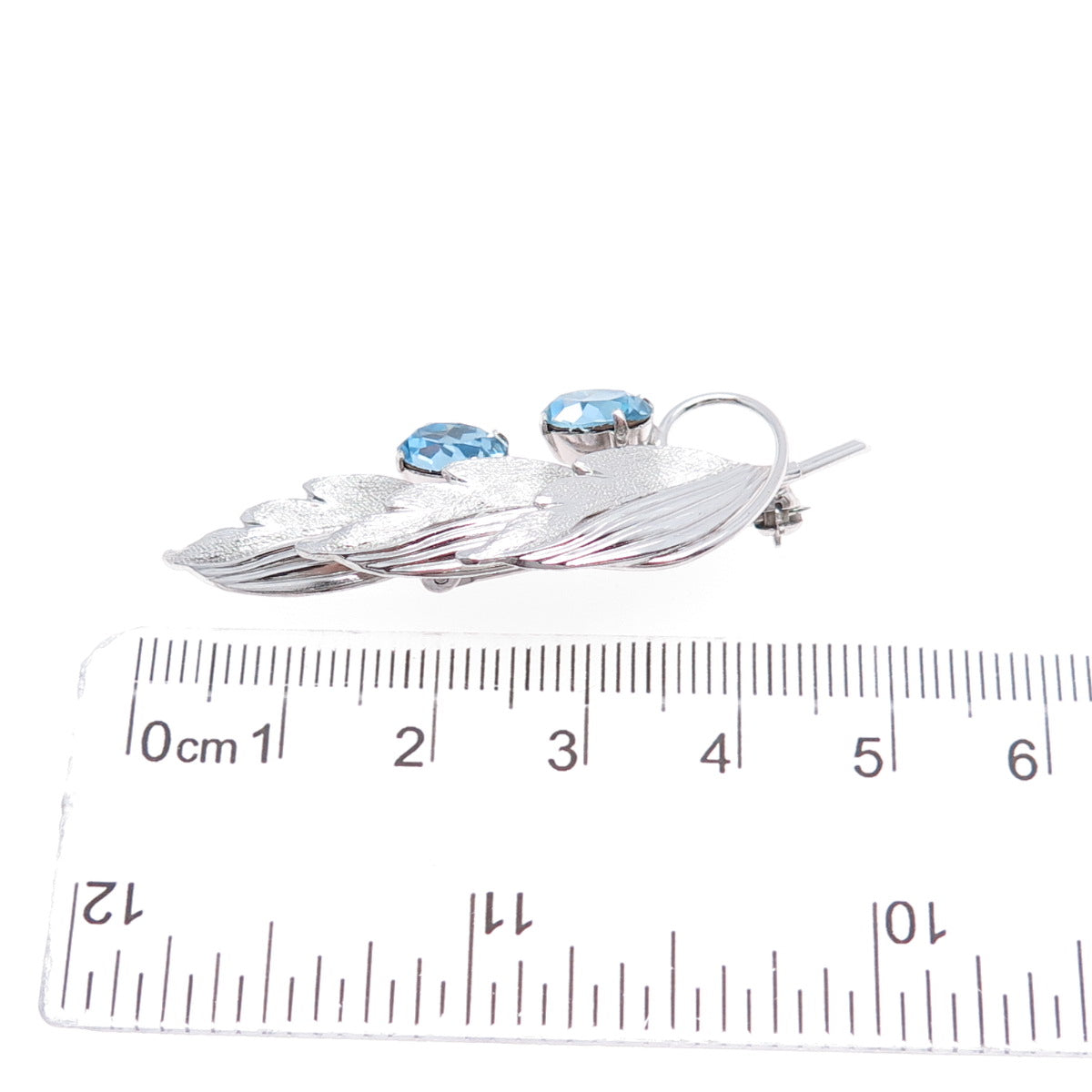 TRU-KAY Sterling Silver Antique Art Deco Blue Rhinestone Floral Leaf Pin Brooch