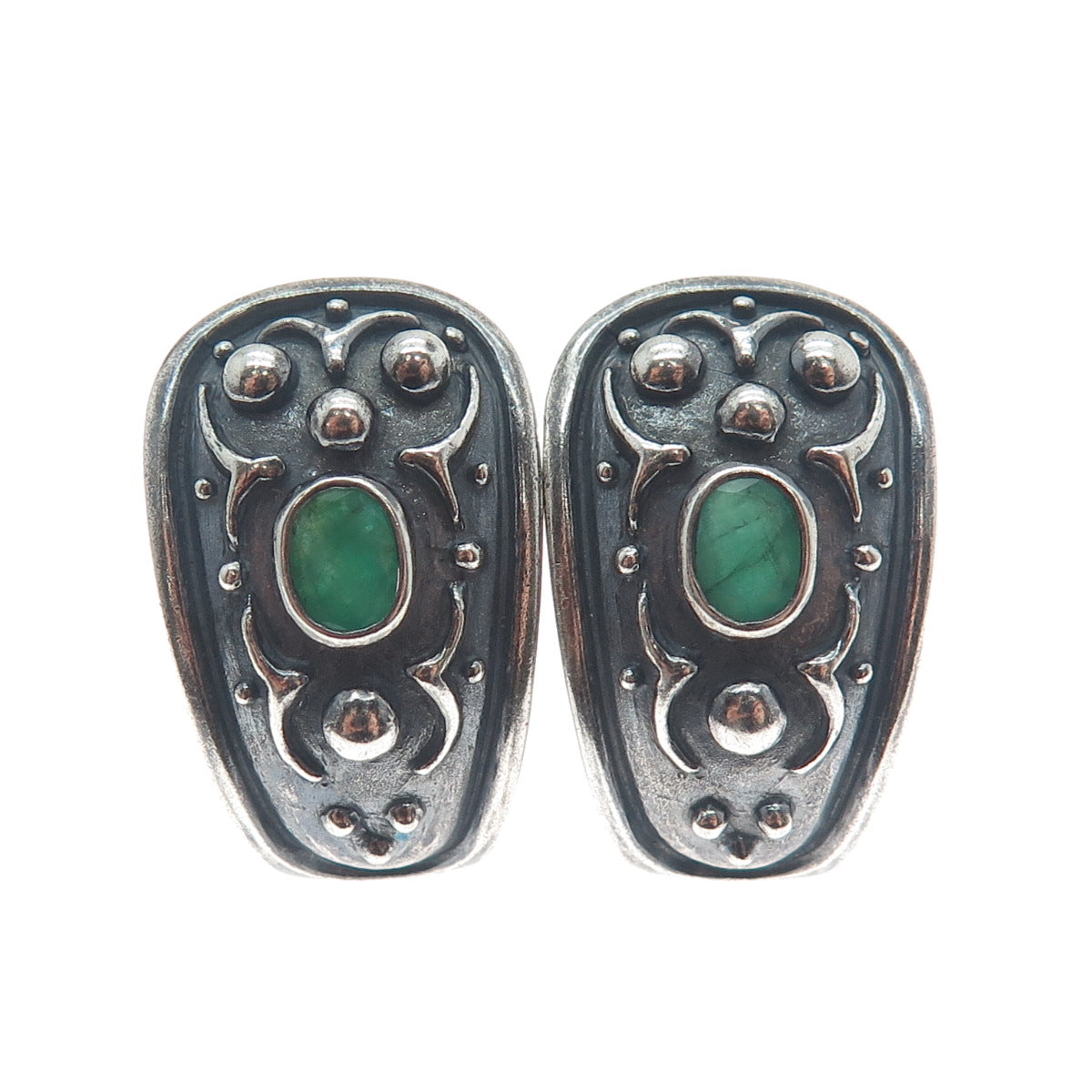 925 Sterling Silver Vintage Real Emerald Modernist Oxidized Omega Back Earrings