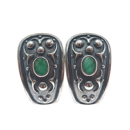925 Sterling Silver Vintage Real Emerald Modernist Oxidized Omega Back Earrings