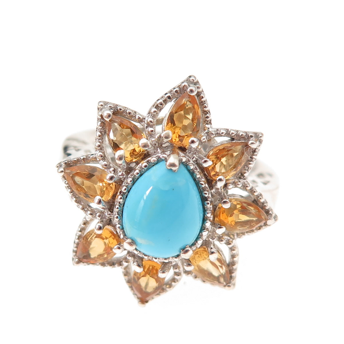 Chuck Clemency 925 Sterling Silver Real Turquoise & Citrine Floral Ring Size 8