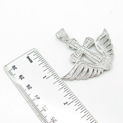 925 Sterling Silver Multi-Cut White C Z Cross & Angel Wings Pendant