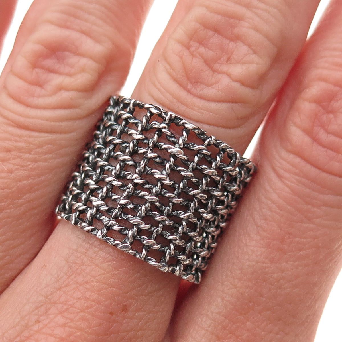 925 Sterling Silver Vintage Modernist Cage Oxidized Ring Size 8.5