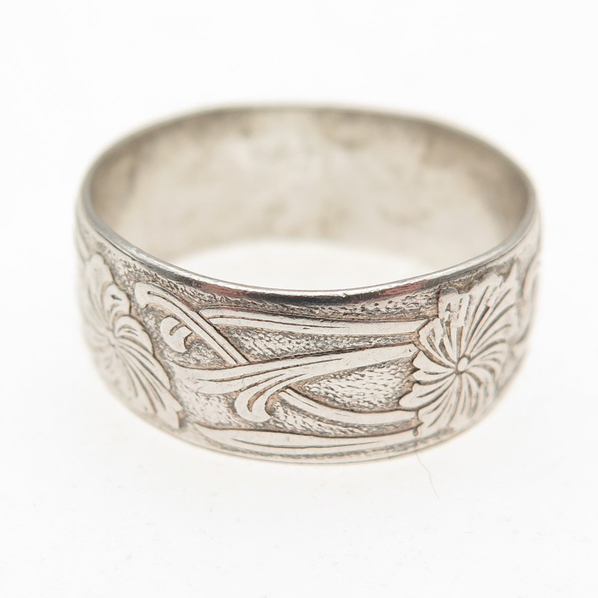 925 Sterling Silver Antique Art Deco Floral Oxidized Band Ring Size 7.25
