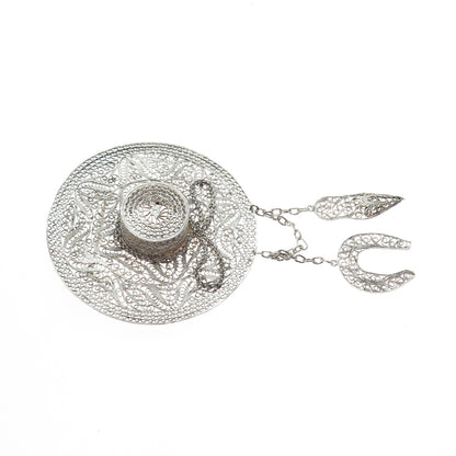 925 Sterling Silver Antique Art Deco Ladies Hat Filigree Pin Brooch