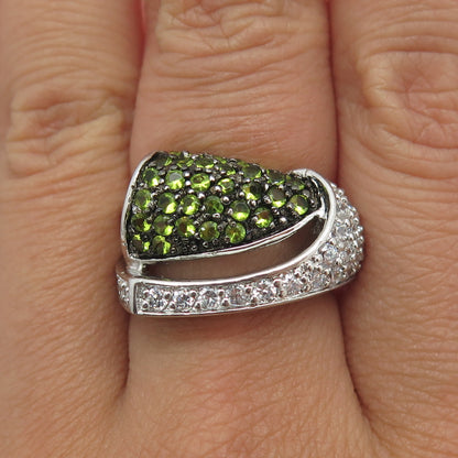 925 Sterling Silver Real Peridot Gemstone & C Z Modernist Ring Size 7