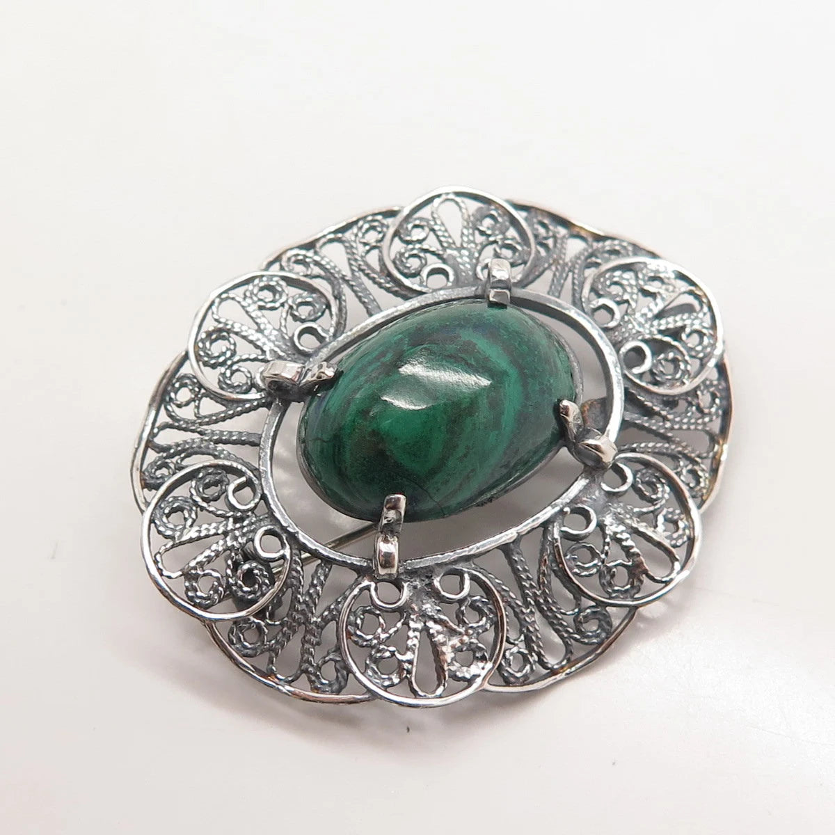 925 Sterling Silver Vintage Real Chrysocolla Gemstone Filigree Brooch / Pendant