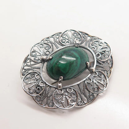 925 Sterling Silver Vintage Real Chrysocolla Gemstone Filigree Brooch / Pendant