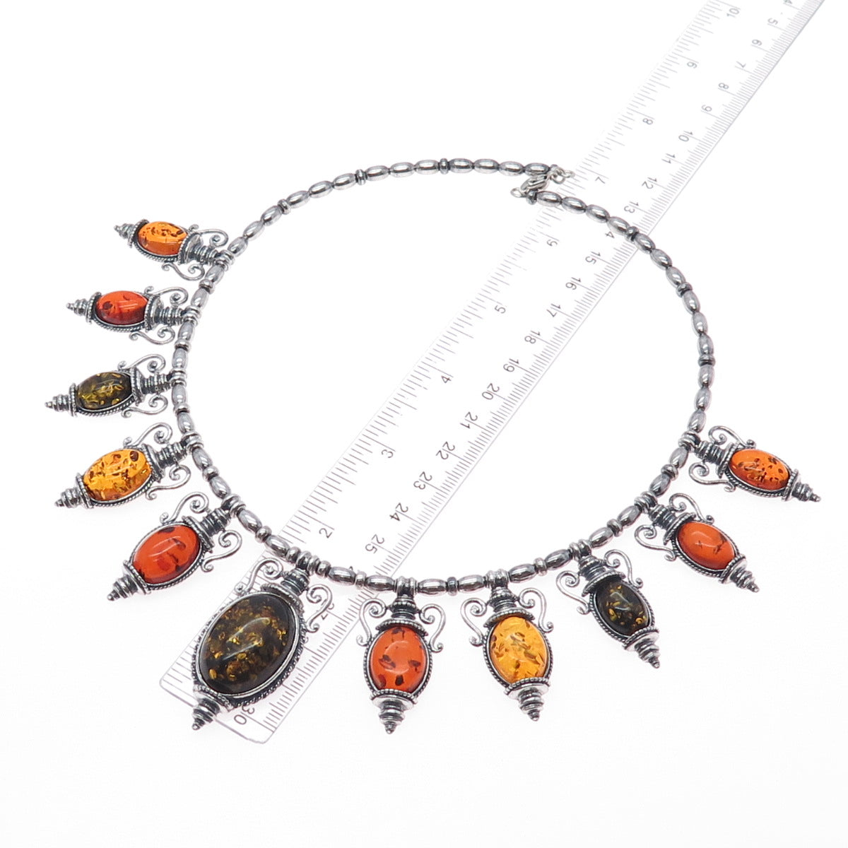 VALERIO V-8 Sterling Silver Vintage Poland Amber Modernist Chain Necklace 16"