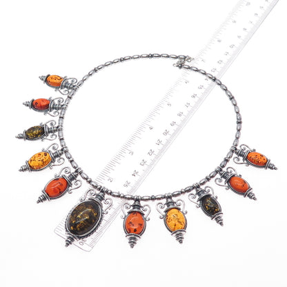 VALERIO V-8 Sterling Silver Vintage Poland Amber Modernist Chain Necklace 16"