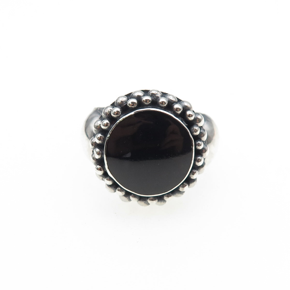 925 Sterling Silver Vintage Real Black Onyx Beaded Oxidized Ring Size 6.5