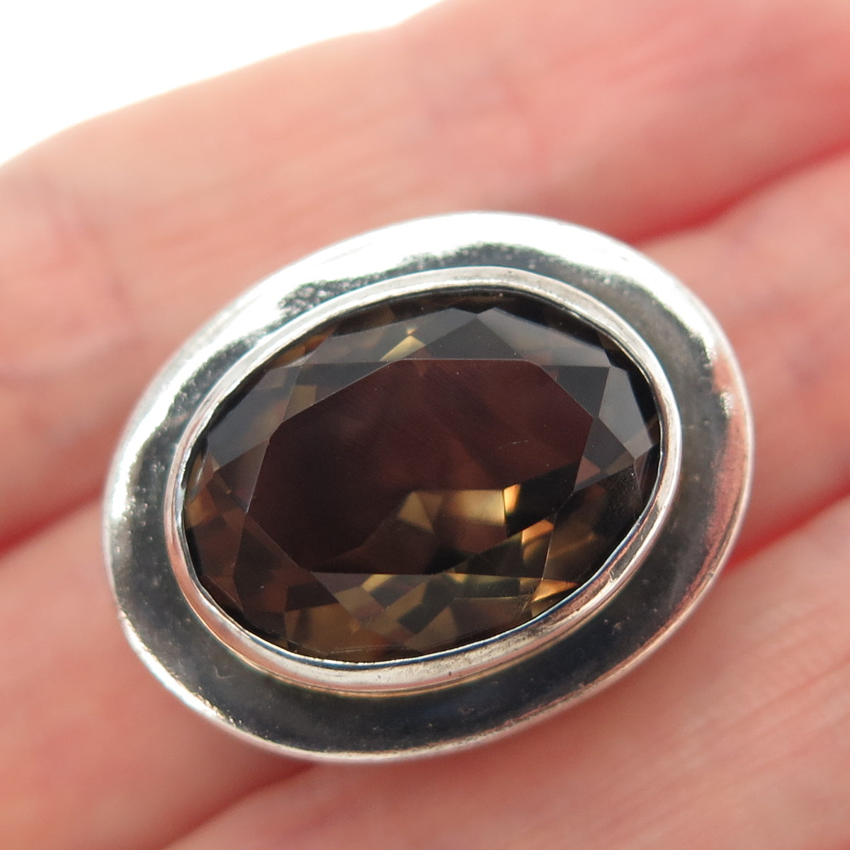 925 Sterling Silver Vintage Real Oval-Cut Smoky Quartz Modernist Slide Pendant