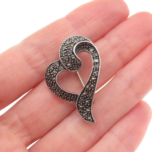 925 Sterling Silver Vintage Real Marcasite Heart Oxidized Pin Brooch