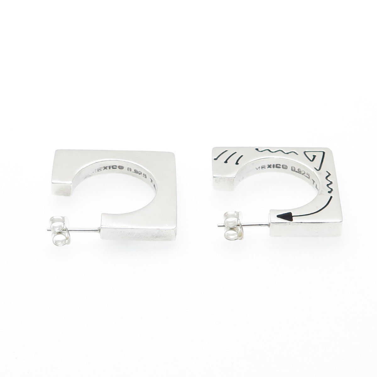 925 Sterling Silver Vintage Mexico Tribal Symbols Square Hoop Earrings