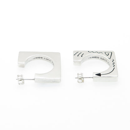 925 Sterling Silver Vintage Mexico Tribal Symbols Square Hoop Earrings