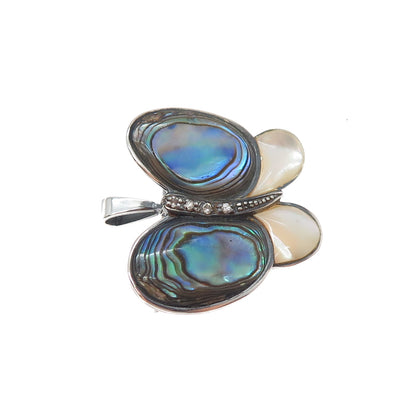 925 Sterling Silver Vintage Real Abalone Shell MOP C Z Butterfly Brooch Pendant