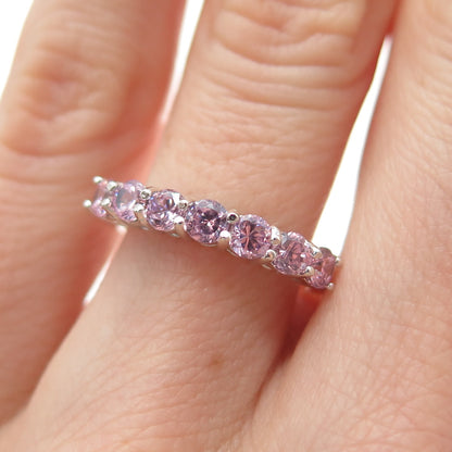 925 Sterling Silver Round-Cut Pink C Z Half Eternity Band Ring Size 5