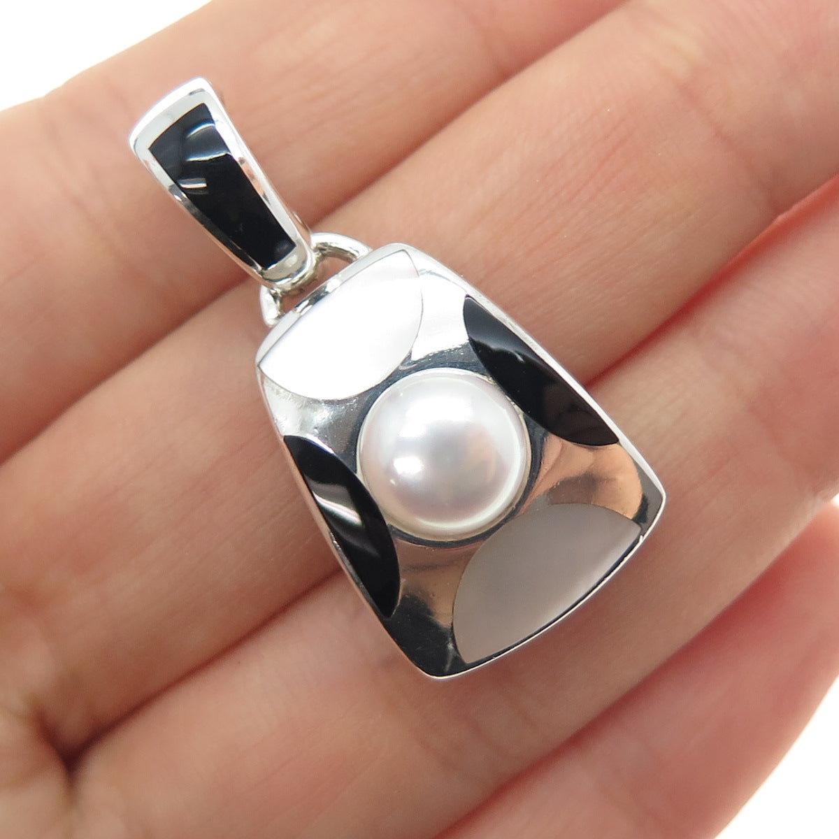 HONORA 925 Sterling Silver Vintage Real Pearl MOP & Black Onyx Charm Pendant