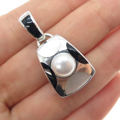HONORA 925 Sterling Silver Vintage Real Pearl MOP & Black Onyx Charm Pendant