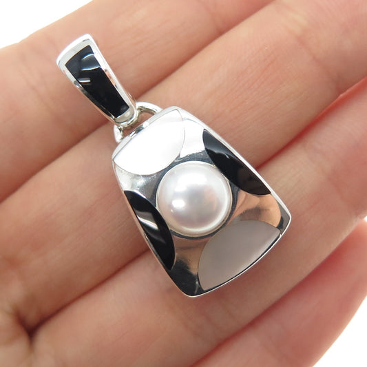 HONORA 925 Sterling Silver Vintage Real Pearl MOP & Black Onyx Charm Pendant
