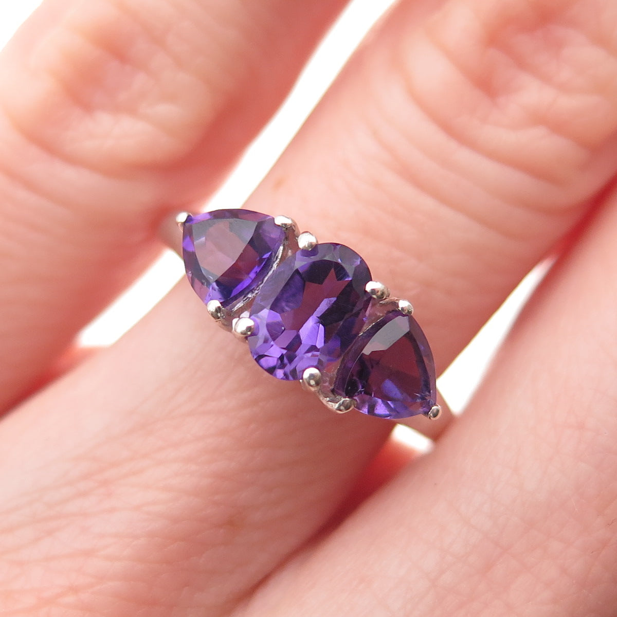 CHUCK CLEMENCY 925 Sterling Silver Real Oval & Triangle-Cut Amethyst Ring Size 6