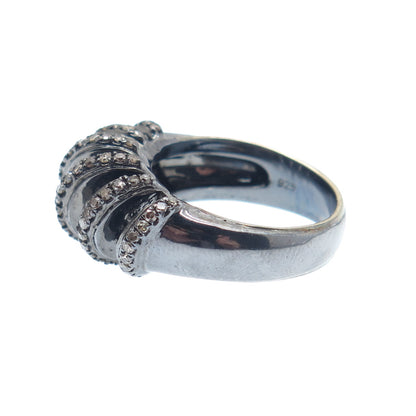 925 Sterling Silver Black Rhodium 2-Tone Real Diamond Twisted Ring Size 7.25