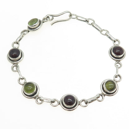 925 Sterling Silver Vintage Peridot & Tourmaline Gem Tennis Link Bracelet 7.75"