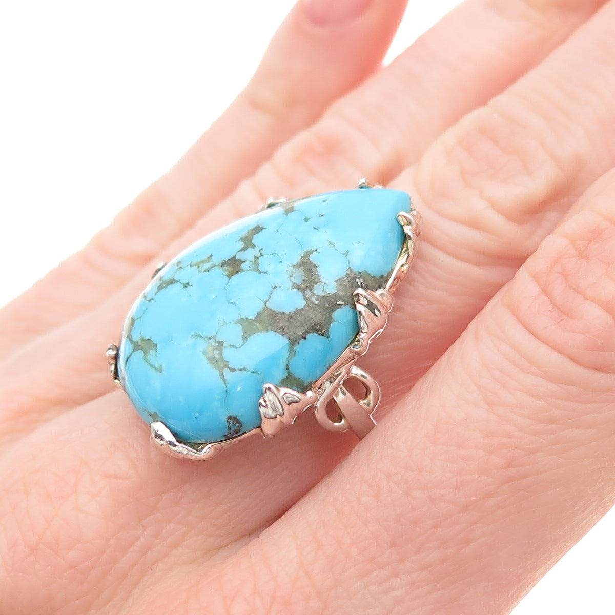 925 Sterling Silver Vintage Real Lone Mountain Turquoise Teardrop Ring Size 8