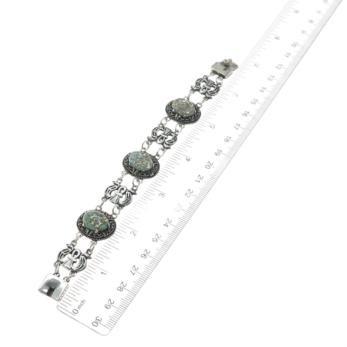 800 Silver Antique Egypt Roman Glass Ankh Link Oxidized Bracelet 6.25"