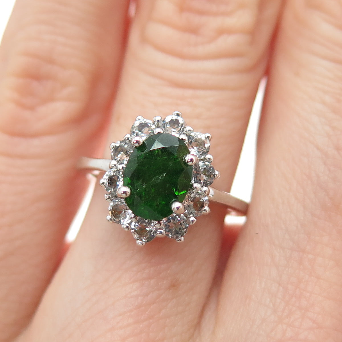 925 Sterling Silver Real Oval-Cut Peridot & White Topaz Ring Size 5.25