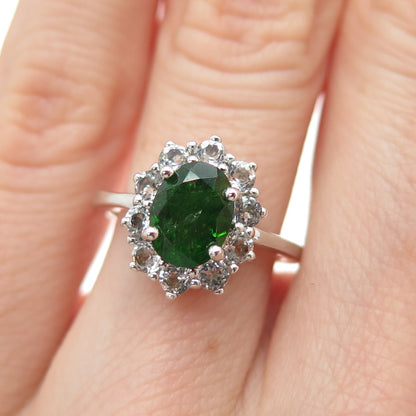 925 Sterling Silver Real Oval-Cut Peridot & White Topaz Ring Size 5.25