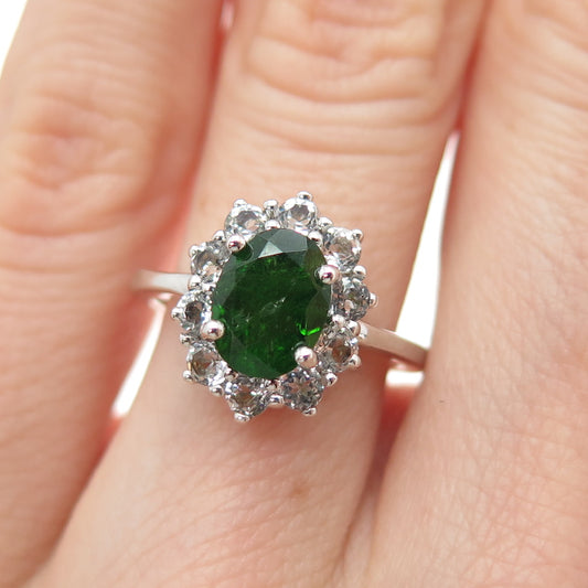 925 Sterling Silver Real Oval-Cut Peridot & White Topaz Ring Size 5.25