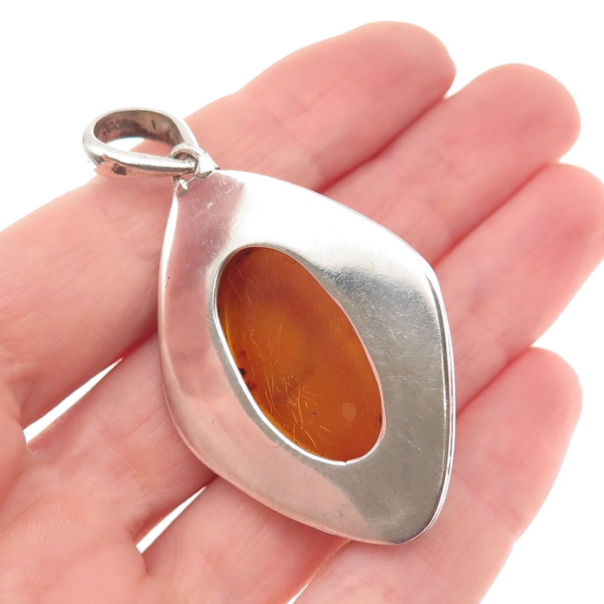 925 Sterling Silver Vintage Real Amber Modernist Oxidized Pendant