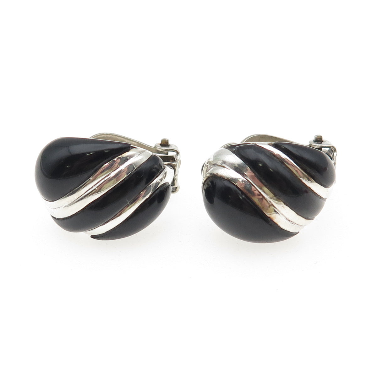 925 Sterling Silver Vintage Real Black Onyx Modernist Clip On Earrings