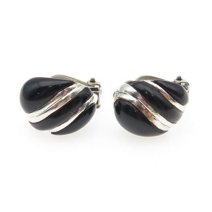 925 Sterling Silver Vintage Real Black Onyx Modernist Clip On Earrings