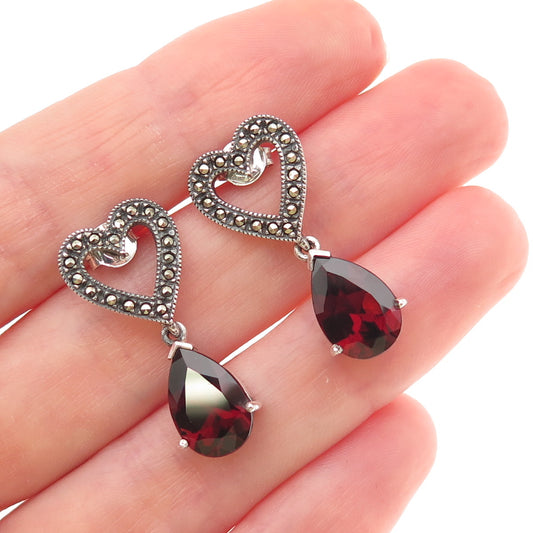 Judith Jack 925 Sterling Silver Vintage Real Red Garnet Marcasite Heart Earrings