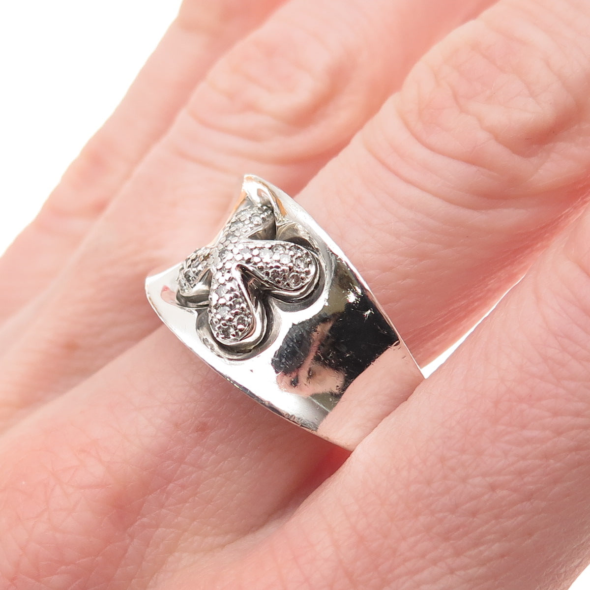 CNA Pranda 925 Sterling Silver Real Round-Cut Diamond Floral Ring Size 10