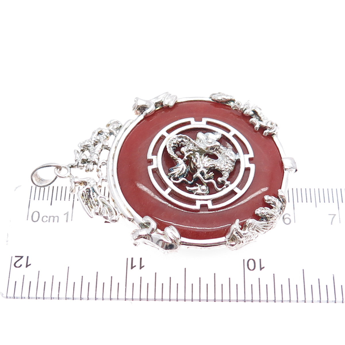 ROSS SIMONS 925 Sterling Silver Vintage Real Red Jade Royal Dragon Pendant