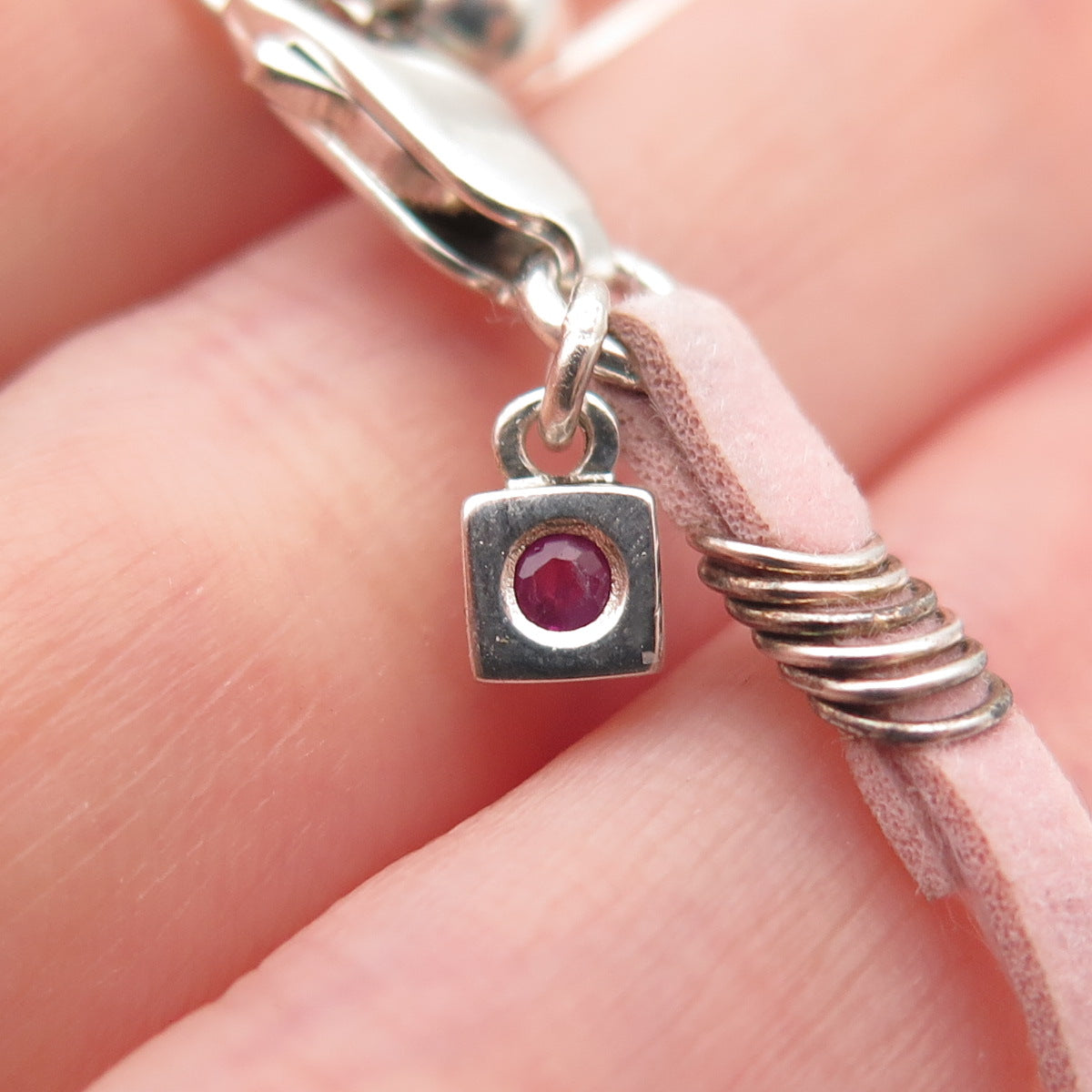 Elle 925 Sterling Silver Real Rose Quartz MOP & Ruby Pink Lace Necklace 16-18"