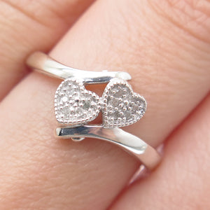 JASANI 925 Sterling Silver Real Round-Cut Diamond Couple Heart Ring Size 7.25