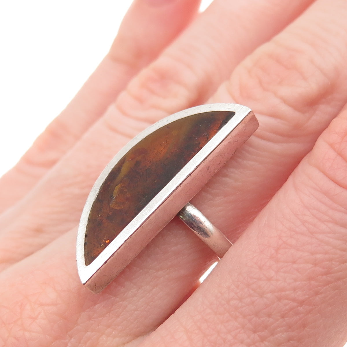 925 Sterling Silver Vintage Real Amber Modernist Crescent Ring Size 7
