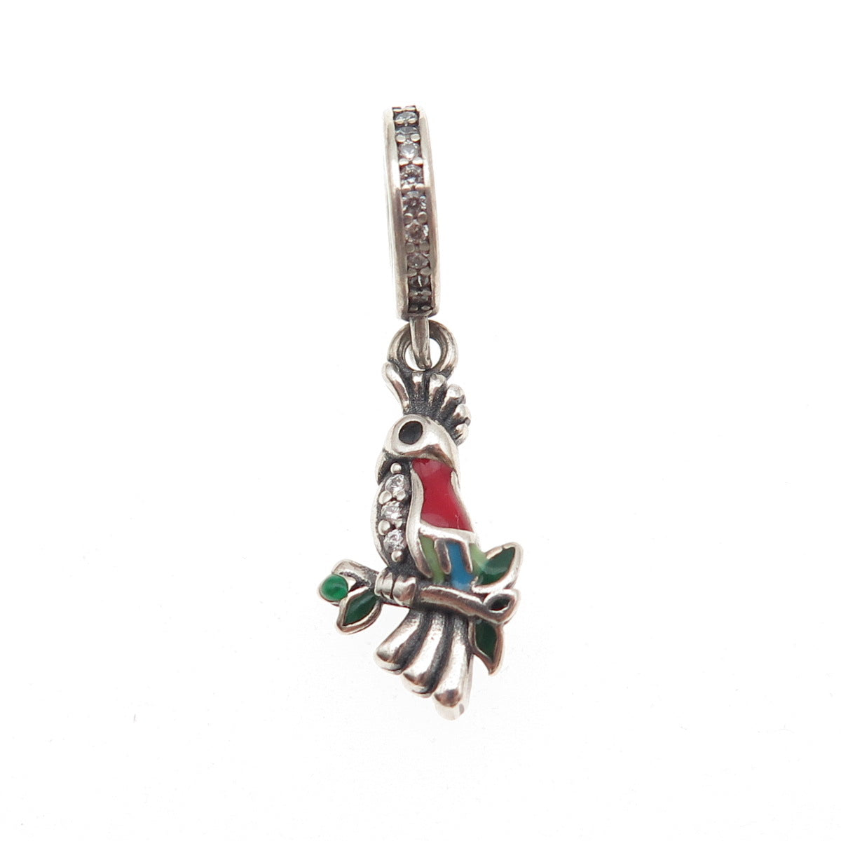 925 Sterling Silver Enamel & C Z Parrot Bird Dangle Slide Charm
