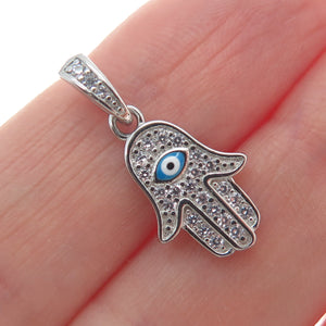 925 Sterling Silver Round-Cut Shaped C Z & Enamel Evil Eye Hamsa Amulet Pendant