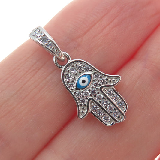 925 Sterling Silver Round-Cut Shaped C Z & Enamel Evil Eye Hamsa Amulet Pendant