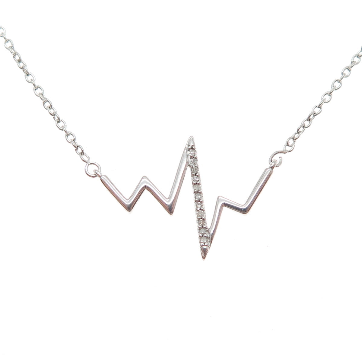 SUN 925 Sterling Silver Real Diamond Heartbeat Cable Chain Necklace 16-18"