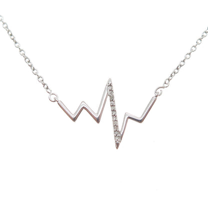 SUN 925 Sterling Silver Real Diamond Heartbeat Cable Chain Necklace 16-18"