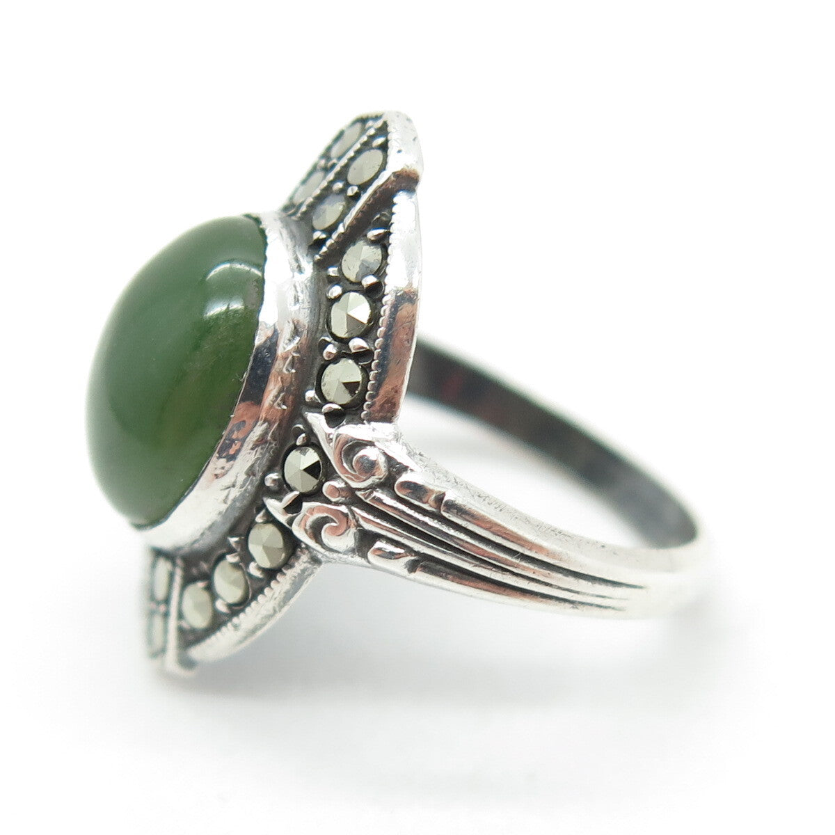 UNCAS 925 Sterling Silver Antique USA Real Jade & Marcasite Gem Ring Size 3.25